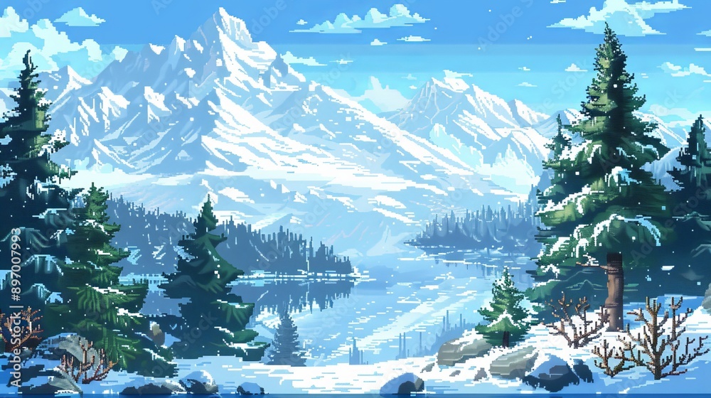 This pixel art image depicts a stunning winter scene with majestic