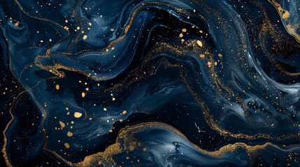 Poster - An elegant abstract pattern using a combination of blue and gold hues, with flowing lines and scattered shimmering dots that evoke a feeling of luxury and allure.