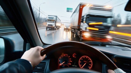 Sticker - View from inside a car driving on a rainy highway with trucks and cars visible on the wet road ahead.