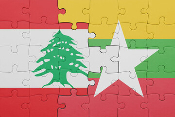 Wall Mural - puzzle with the colourful national flag of lebanon and flag of myanmar .