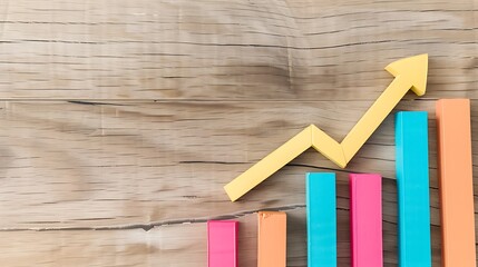 Poster - colorful arrow chart with wooden background financial bar chart for marketing business growth data s