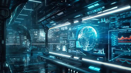 Poster - Futuristic Space Station Control Room with Holographic Earth Screen Display for Space monitoring digital fiction technology concept.