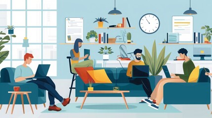 Poster - Four people in casual attire collaborate on laptops and tablets in a modern office. The scene is relaxed and colorful with plants and furniture