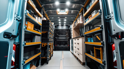 Sticker - Interior of a well-organized delivery van with shelves and storage compartments filled with various containers and equipment.