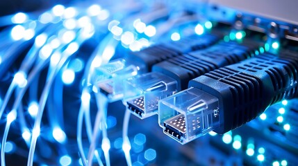 Poster - Network Cable Hardware with Blue Light Glowing for Modern communication electronic digital connection technology concept.