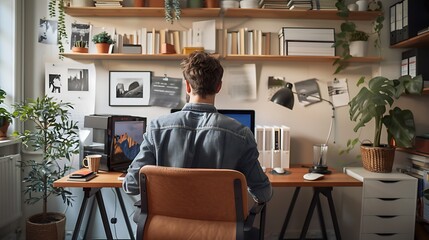 Poster - Businessman working at home office desk with computer setup for remote work productivity modern professional environment interior organization and focused workspace decoration concept.