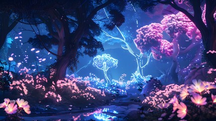 A futuristic forest with bioluminescent trees and holographic flowers style