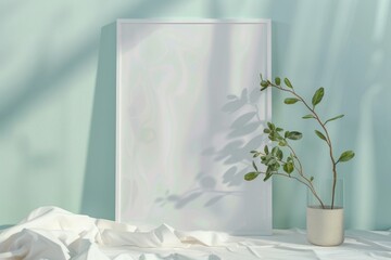 Wall Mural - Minimalist White Paper Poster with Leafy Plant in Vase on Soft Fabric Background for Modern Design