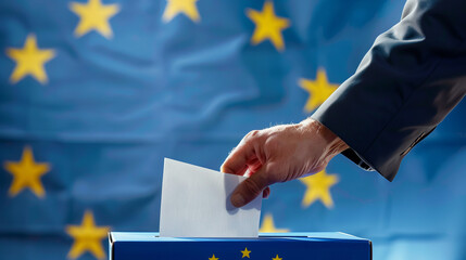 Voting for the European Union election a hand putting a ballot paper into a ballot box on a blue background with copy space