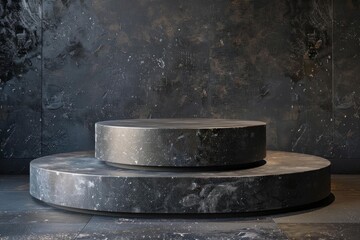 Poster - Two round stone pedestals standing on top of each other displaying products on a dark background