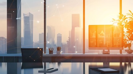 Poster - Modern Office with City View outside 3D rendering commercial skyscraper.