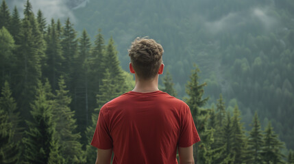 Wall Mural - mock up of a man wearing a plain red t-shirt from behind, with a mountain forest background with dense green trees, Ai generated Images