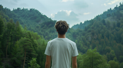 Wall Mural - mock up of a man wearing a plain white t-shirt from behind, with a mountain forest background with dense green trees, Ai generated Images