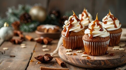 Sticker - Homemade Christmas gingerbread cupcakes with caramel sauce on wooden background