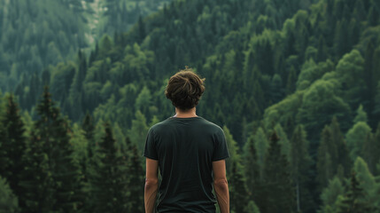 Wall Mural - mock up of a man wearing a plain black t-shirt from behind, with a mountain forest background with dense green trees, Ai generated Images