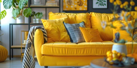 A cozy living room with a bright yellow couch and some greenery