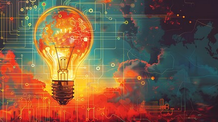 Wall Mural - light bulb with digital circuit board for global electronic network technology innovation concept.