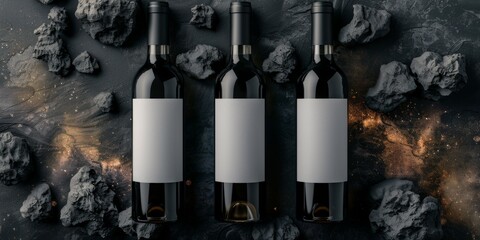  3 dark vine bottles, lying on dark matter substance, white clear blank labels on bottles