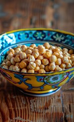 Chickpeas in a blue bowl on a wooden background.