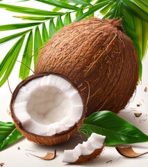 Wall Mural - a brown coconut with a leaf and fresh coconut, white background