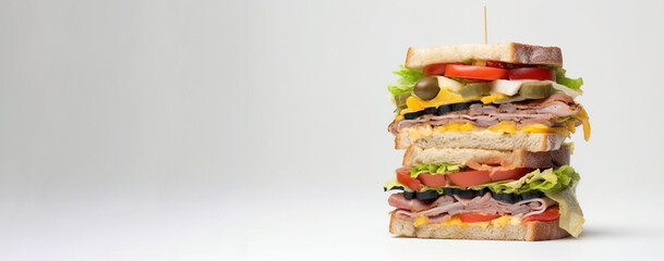 Wall Mural - Fresh sandwich with ham, cheese, tomatoes, fast food on white background, isolate. AI generated.