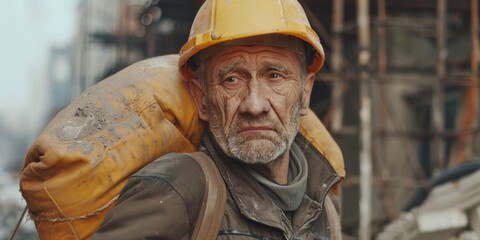 A senior male wearing a construction helmet carries a bag, possibly for work or errands