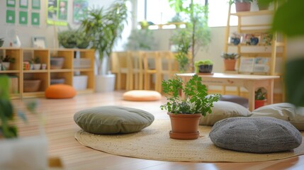 Poster - A bright, airy playroom with comfortable floor cushions, a potted plant, and a wooden table. The room is filled with natural light and greenery.