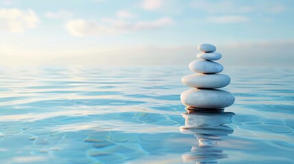 Wall Mural - Balanced pile of pebbles on calm water, with a soothing sea or nature background, representing zen, harmony, and spa tranquility.