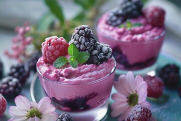 Wall Mural - Berry mousse is being served in a glass with fresh berries and mint for decoration