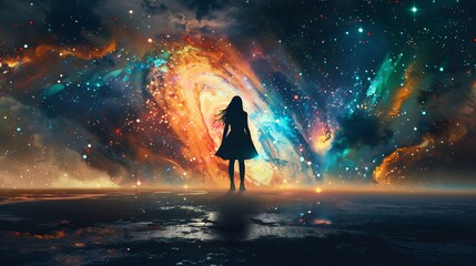 Wall Mural - Silhouette of a Woman Gazing at a Cosmic Nebula