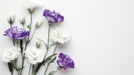 Wall Mural - Elegant arrangement of white and purple eustoma flowers on a white background, flat lay view with plenty of copy space for wedding invitations.