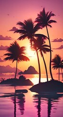 Wall Mural - Tropical seaside with palms at sunset 4k animation