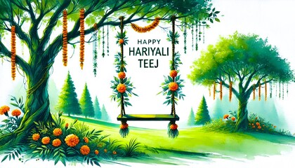 Wall Mural - Watercolor illustration for Hariyali Teej with a scene of a swing on the tree.