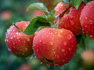 Canvas Print - Ripe Red Apples Covered in Raindrops on a Branch