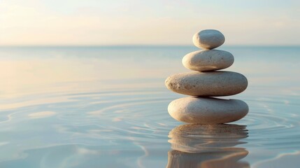 Wall Mural - Zen stone stack on serene water, set against a tranquil sea or coastal landscape, symbolizing stability, peace, and relaxation.