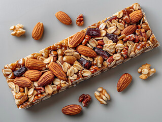 Poster - Close Up View of a Granola Bar With Almonds, Walnuts, and Dried Cranberries on a Grey Background