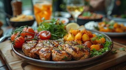 Wall Mural - Grilled Chicken Dinner With Roasted Potatoes and Tomatoes