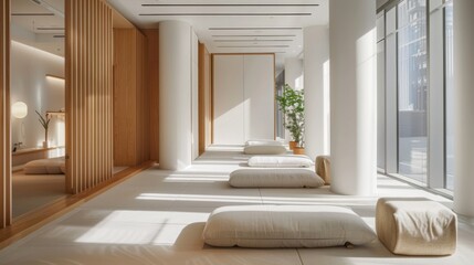 Poster - A sunlit room with white walls, large windows, and wooden accents features a row of white cushions and a large, plush ottoman in the foreground.