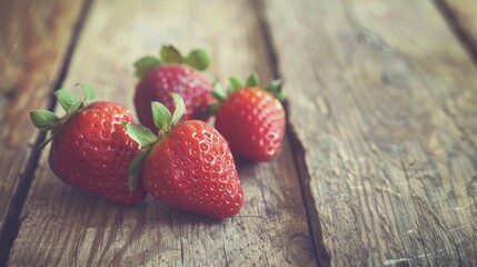 Poster - Fresh strawberries on wooden surface with vintage flair and selective focus