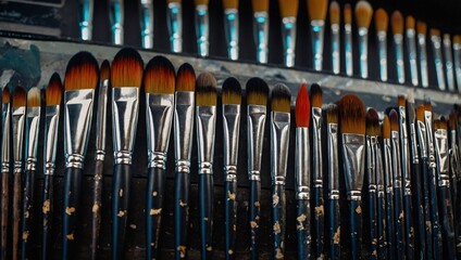 Detailed view of artist's professional brushes and tool