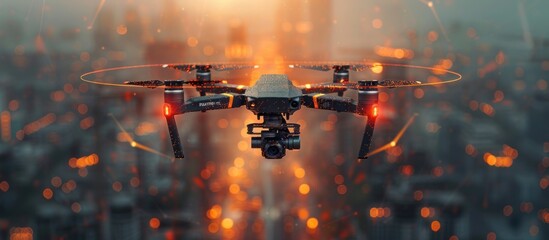 Sticker - Drone Flying Over a City at Sunset