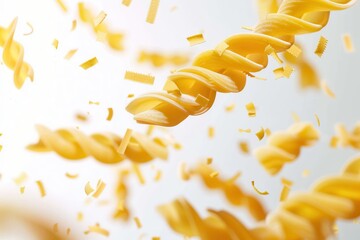 Poster - Close-up shot of uncooked pasta falling gracefully against a white backdrop. Generative AI