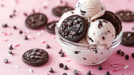 Wall Mural - Vanilla ice cream with chocolate cookies on pink background