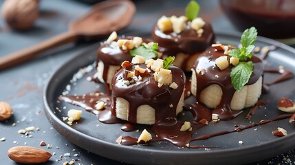 Vegan dessert banana in chocolate with nuts