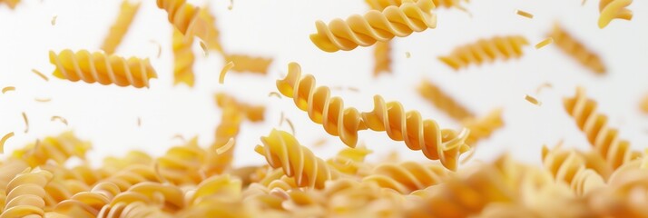 Poster - Raw, golden pasta spirals fall gracefully against a white background. Generative AI