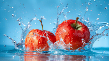 Red apples splashing in water on blue