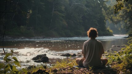 Aufkleber - A person sits cross-legged on the bank of a river in a lush, green forest. They have their back to the camera, looking out at the water. The scene is peaceful and serene.
