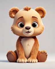 Little adorable teddy bear sitting and smiling, modern cartoon style for kids, gray background, Generative AI