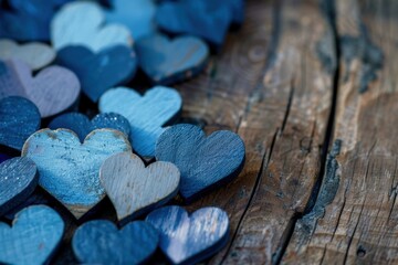 Blue Hearts. Heartfelt Greeting Card with Copy Space on Wooden Background