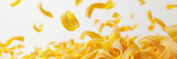 Poster - Raw Italian pasta gracefully falls against a white background. Generative AI